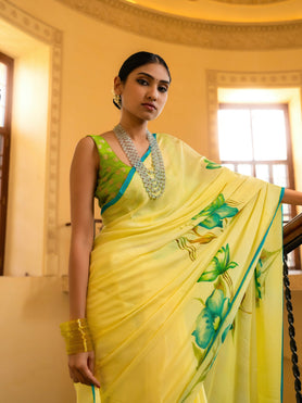 Chiffon Hand Painted Pastel Yellow Saree