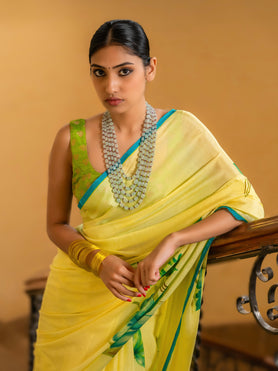 Chiffon Hand Painted Pastel Yellow Saree